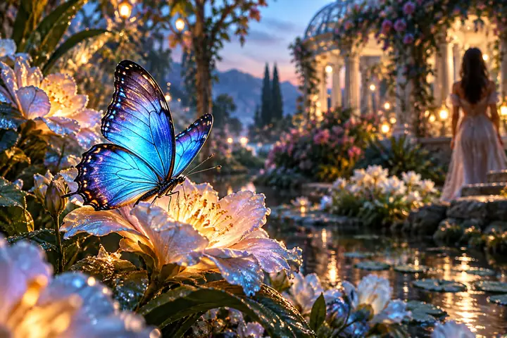 Uma borboleta azul luminosa pousada entre flores brilhantes em um jardim botânico de sonho.