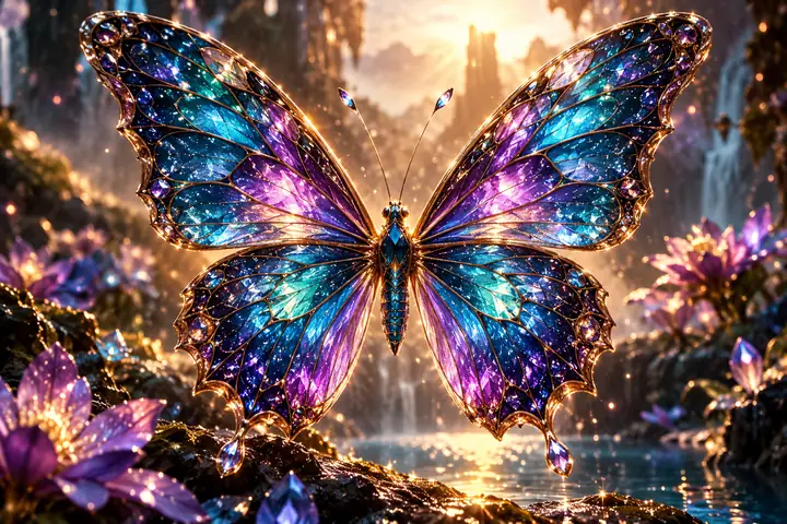 Uma ilustração de borboleta fantástica em tons de joias, com asas simétricas e luz cintilante.