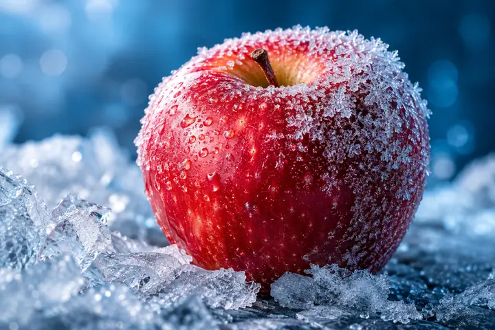 Uma maçã vermelha nítida, com detalhes brilhantes da geada, sobre um fundo azul frio após o aprimoramento da imagem.