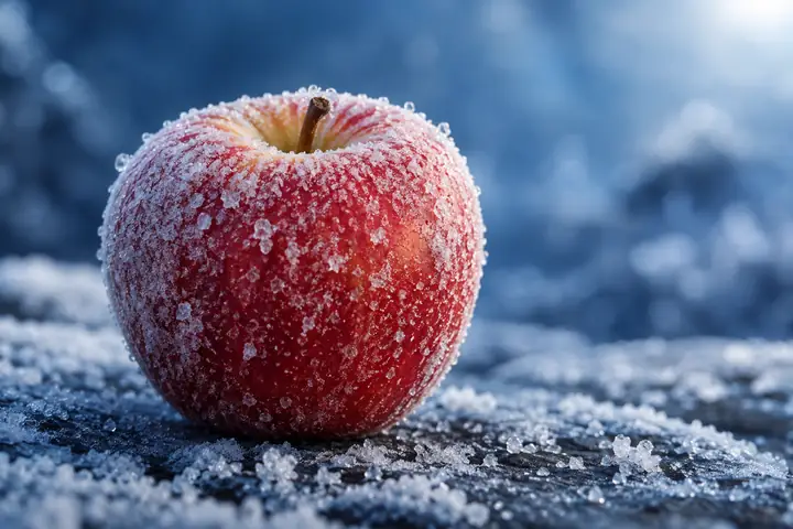 Uma maçã coberta de geada sobre um fundo azul frio antes do aprimoramento da imagem.