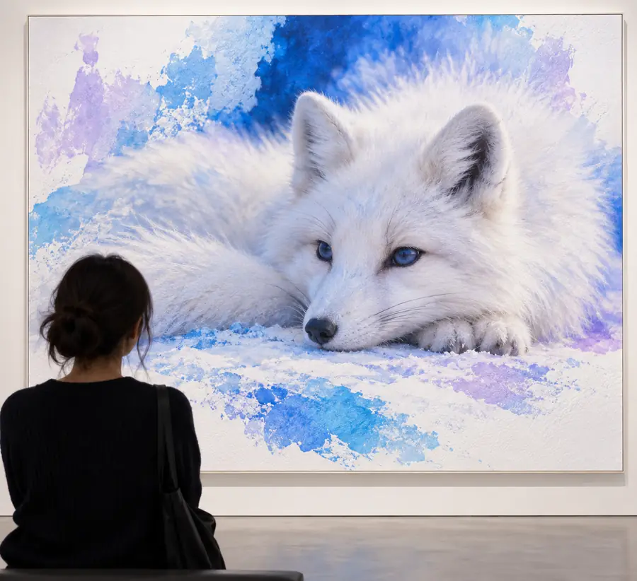 Softer image of a white fox before the illustrated enlargement